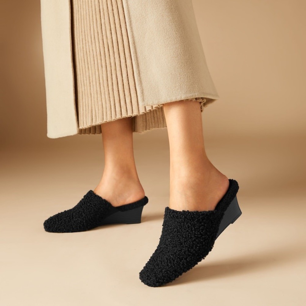 VIVAIA Wedge Slippers Fuzzy Mules Comfortable Slides Black Size 9 EUR 40